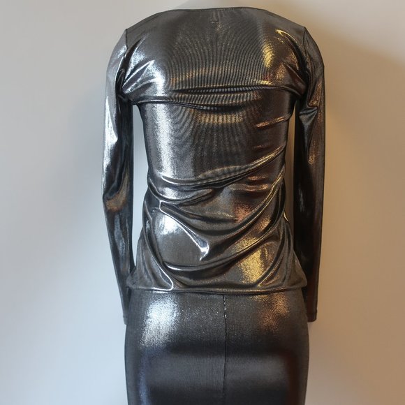 Womens RN CONVERTIBLE Pewter Metallic Long Sleeve Bodycon Mini Dress P US/XS * - Picture 9 of 13